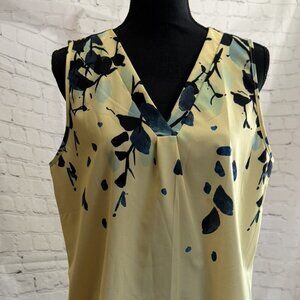 Yellow Floral Leaf Print V-Neck Sleeveless Top | Size L (US 8/10) | Boho S